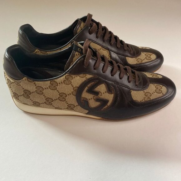 GUCCI Brown Monogram Leather Sneakers Size 38 - Picture 2 of 6